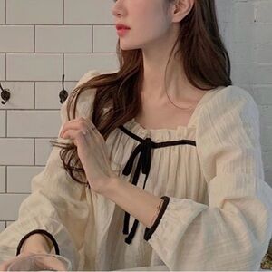 Cream Cotton Blouse with Black Ribbon Detail 🎀